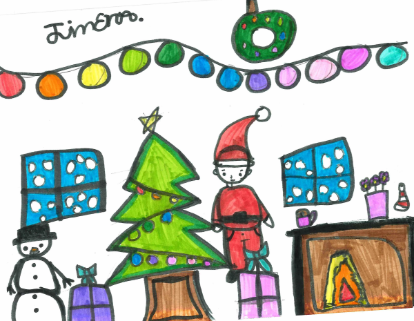 Kids drawing of Santa in her living room delivering presents