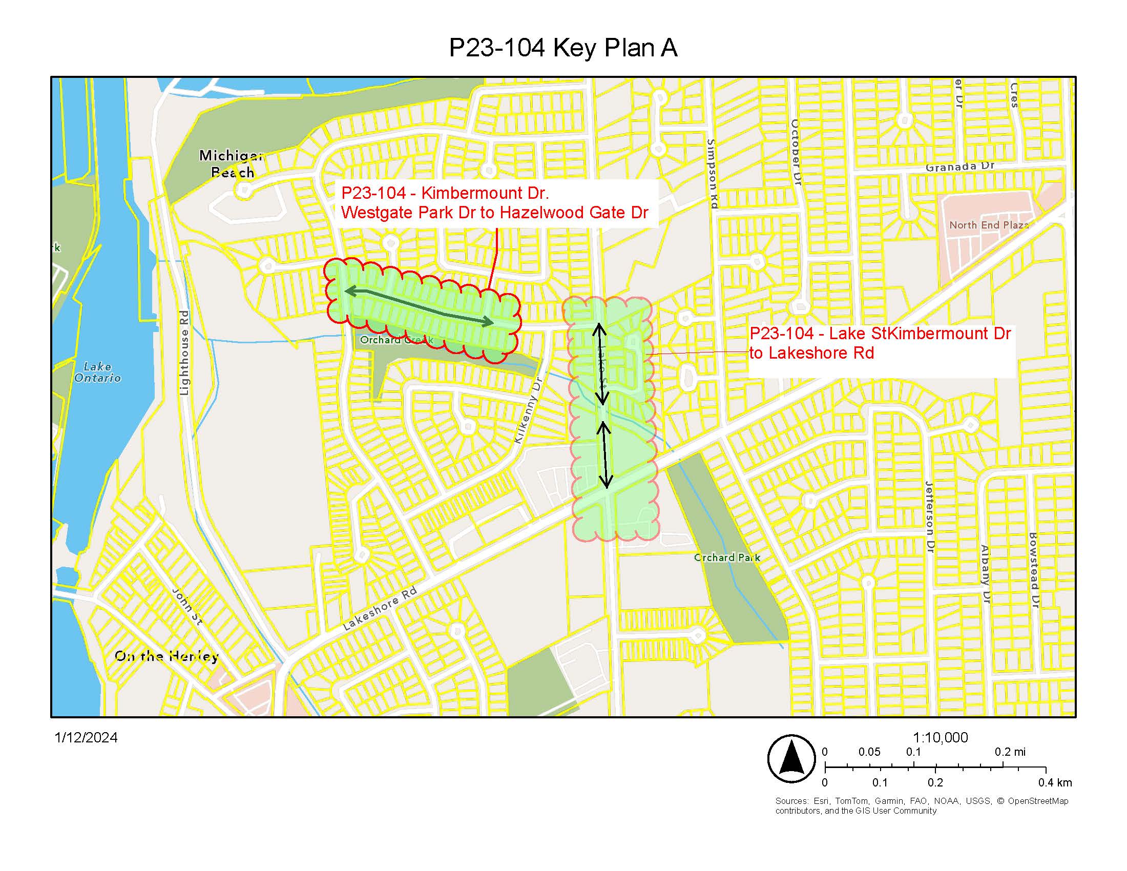 Approximate construction limits for the Kimbermount Drive-Lake Street section of the project.