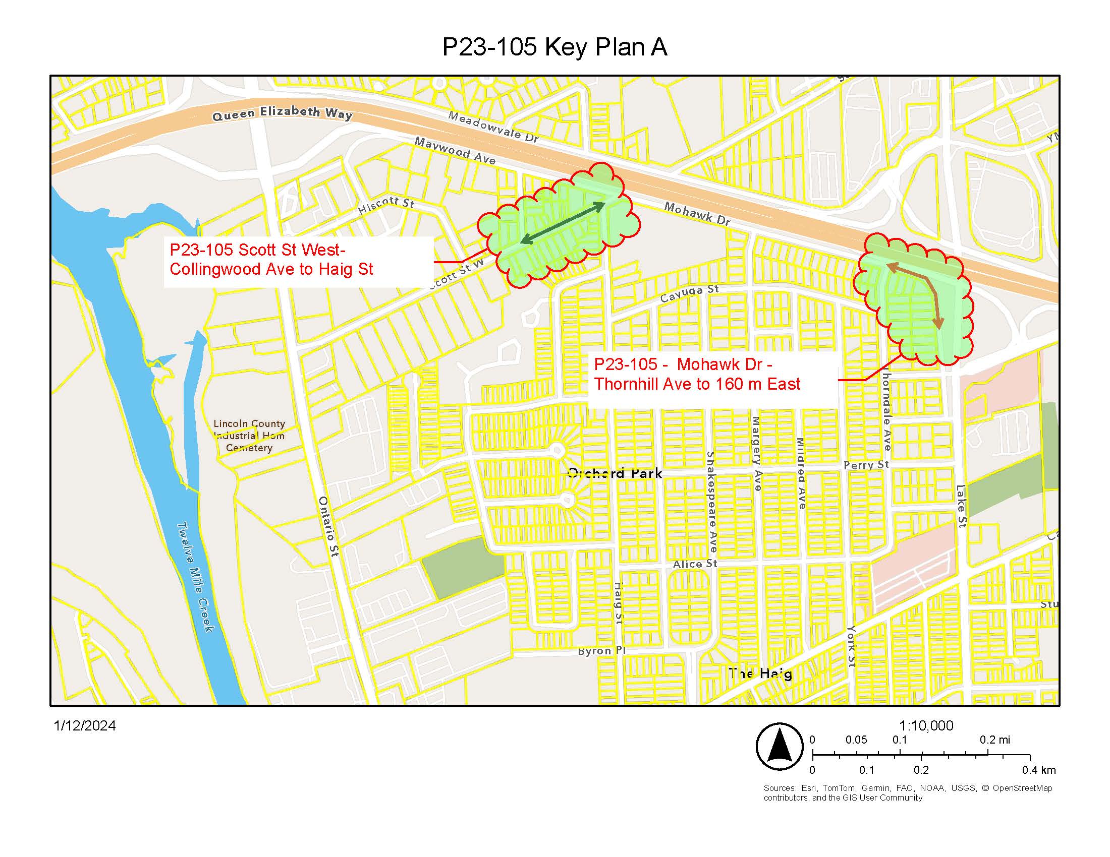 Approximate construction limits for the Scott Street-Mohawk Drive section of the project.