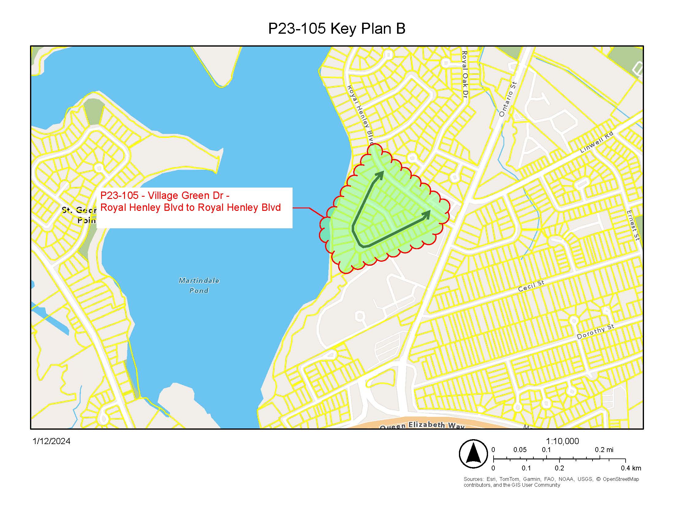 The approximate location of construction limits for the Village Green Drive section of the project.