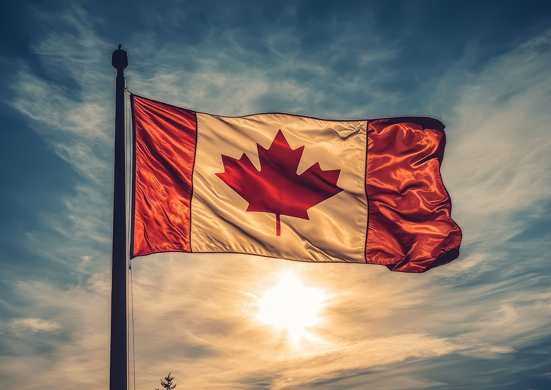 Canadian Flag waiving in golden sunlight