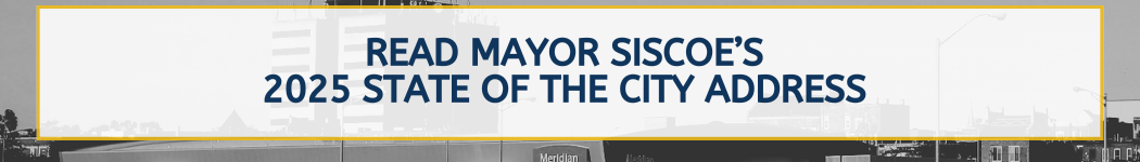 READ MAYOR SISCOE’S  2025 STATE OF THE CITY ADDRESS in a white box with black and white background of downtown st. catharines